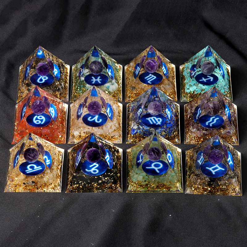 12 Constellation  Amethyst Balls  Chip Stone Base Gold 60MM Pyramid Ornament for Home Decor