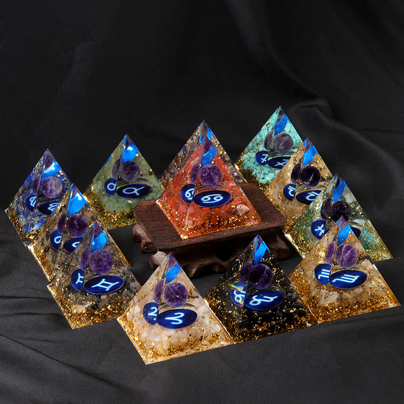 12 Constellation  Amethyst Balls  Chip Stone Base Gold 60MM Pyramid Ornament for Home Decor
