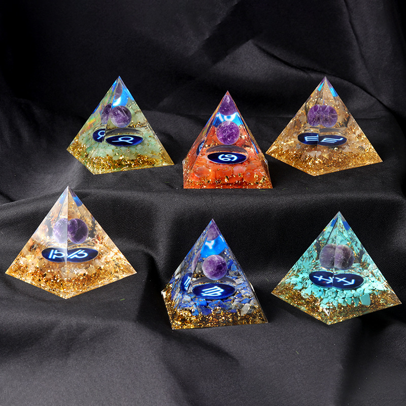 12 Constellation  Amethyst Balls  Chip Stone Base Gold 60MM Pyramid Ornament for Home Decor