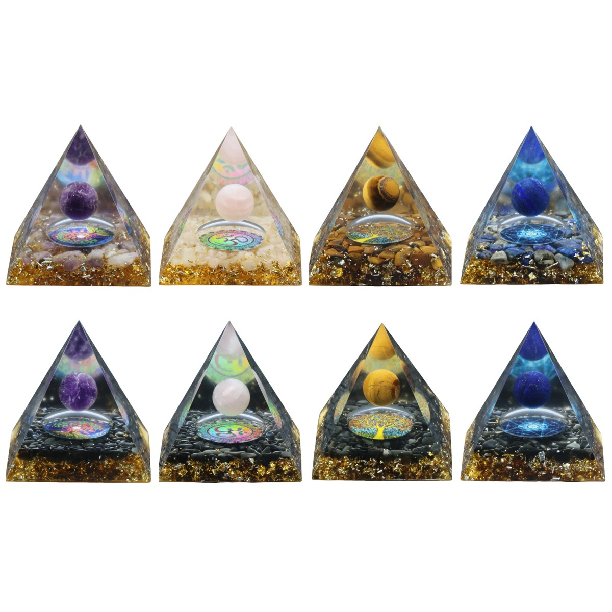 Gemstone Sphere Raw Black Obsidian Base Gold 60MM Pyramid Ornament for Home Decor