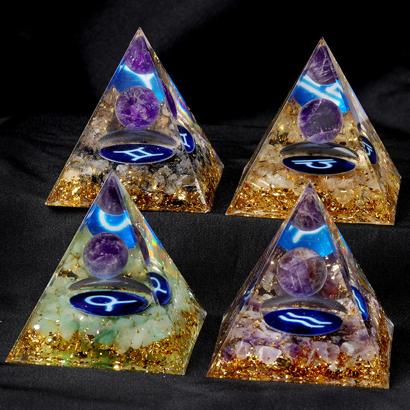 12 Constellation  Amethyst Balls  Chip Stone Base Gold 60MM Pyramid Ornament for Home Decor