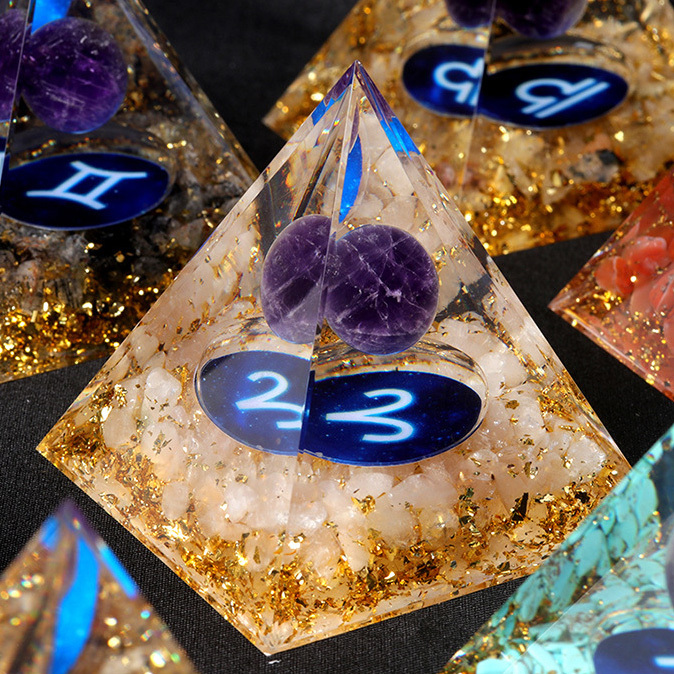 12 Constellation  Amethyst Balls  Chip Stone Base Gold 60MM Pyramid Ornament for Home Decor