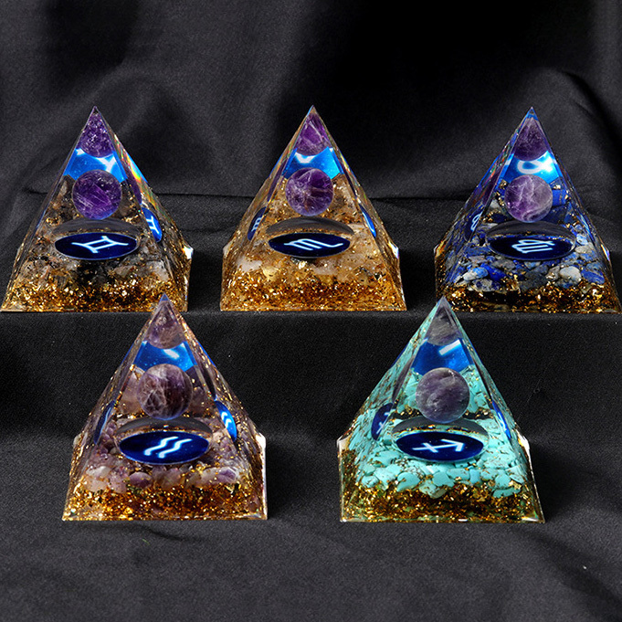 12 Constellation  Amethyst Balls  Chip Stone Base Gold 60MM Pyramid Ornament for Home Decor
