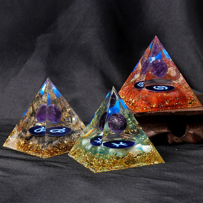 12 Constellation  Amethyst Balls  Chip Stone Base Gold 60MM Pyramid Ornament for Home Decor