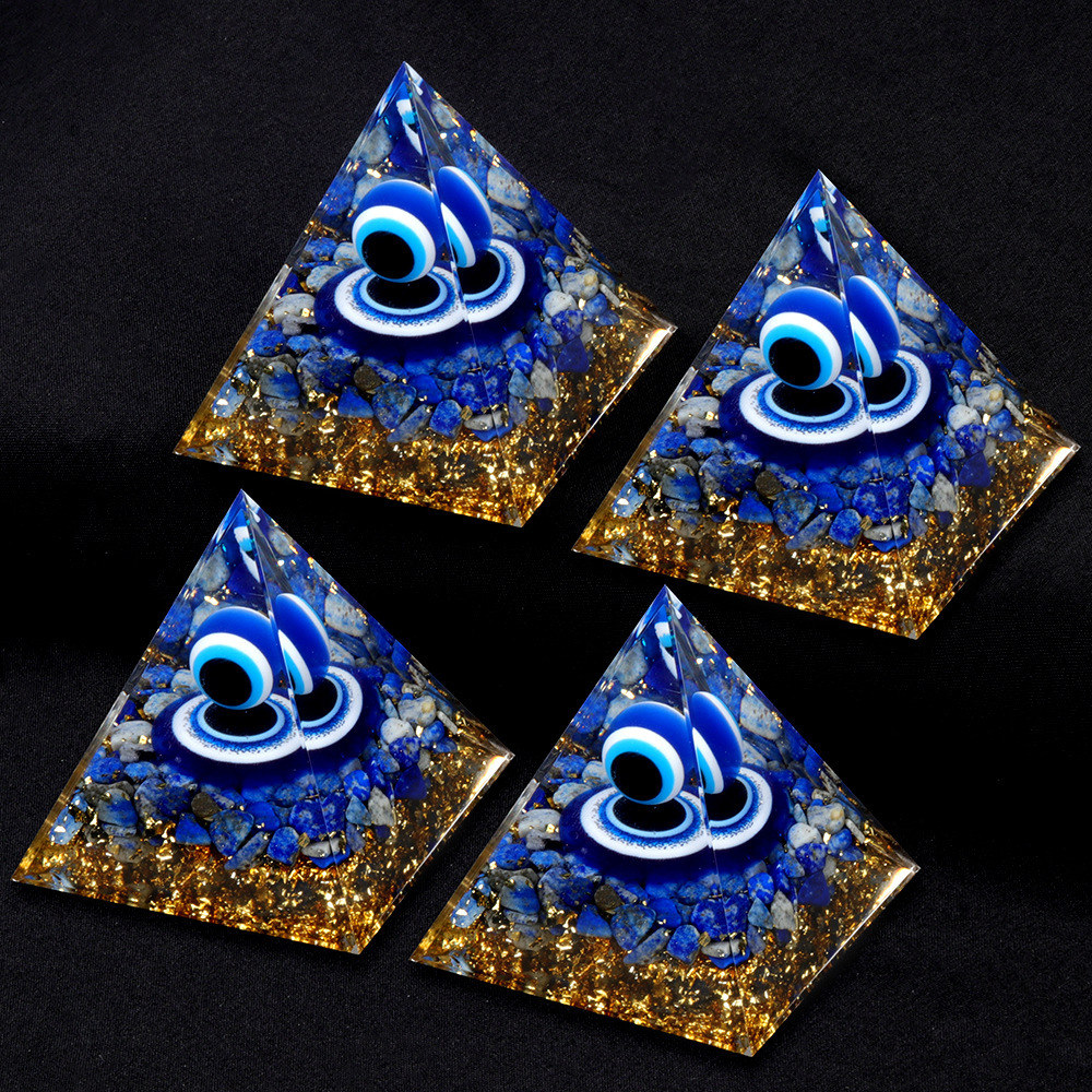 Blue Evil Eye Lapis Lazuli Base Gold 60MM Pyramid Ornament for Home Decor