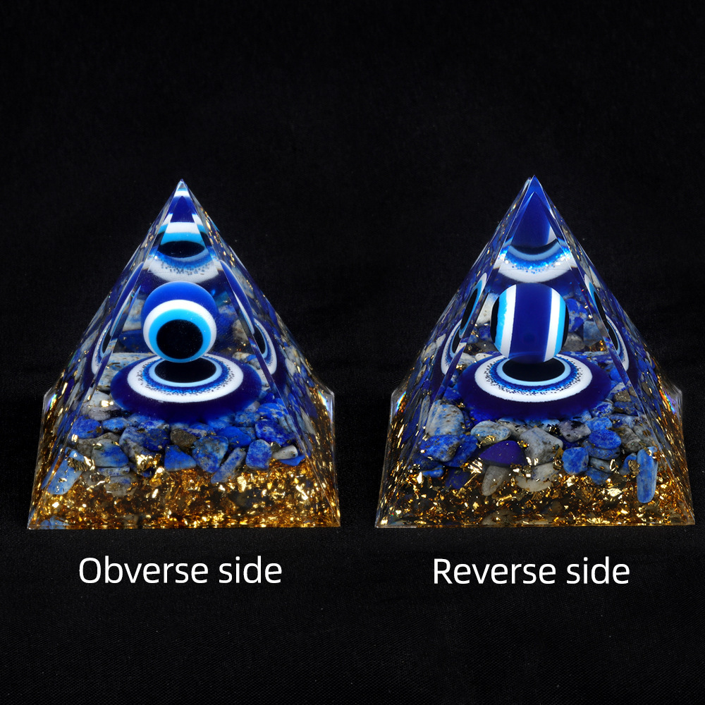 Blue Evil Eye Lapis Lazuli Base Gold 60MM Pyramid Ornament for Home Decor