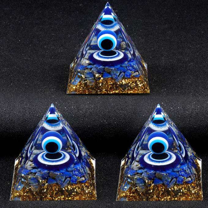 Blue Evil Eye Lapis Lazuli Base Gold 60MM Pyramid Ornament for Home Decor