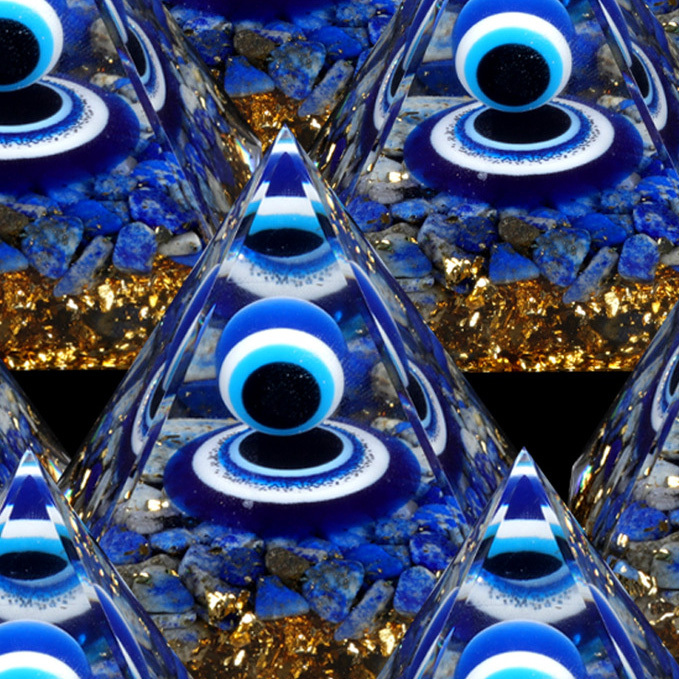 Blue Evil Eye Lapis Lazuli Base Gold 60MM Pyramid Ornament for Home Decor