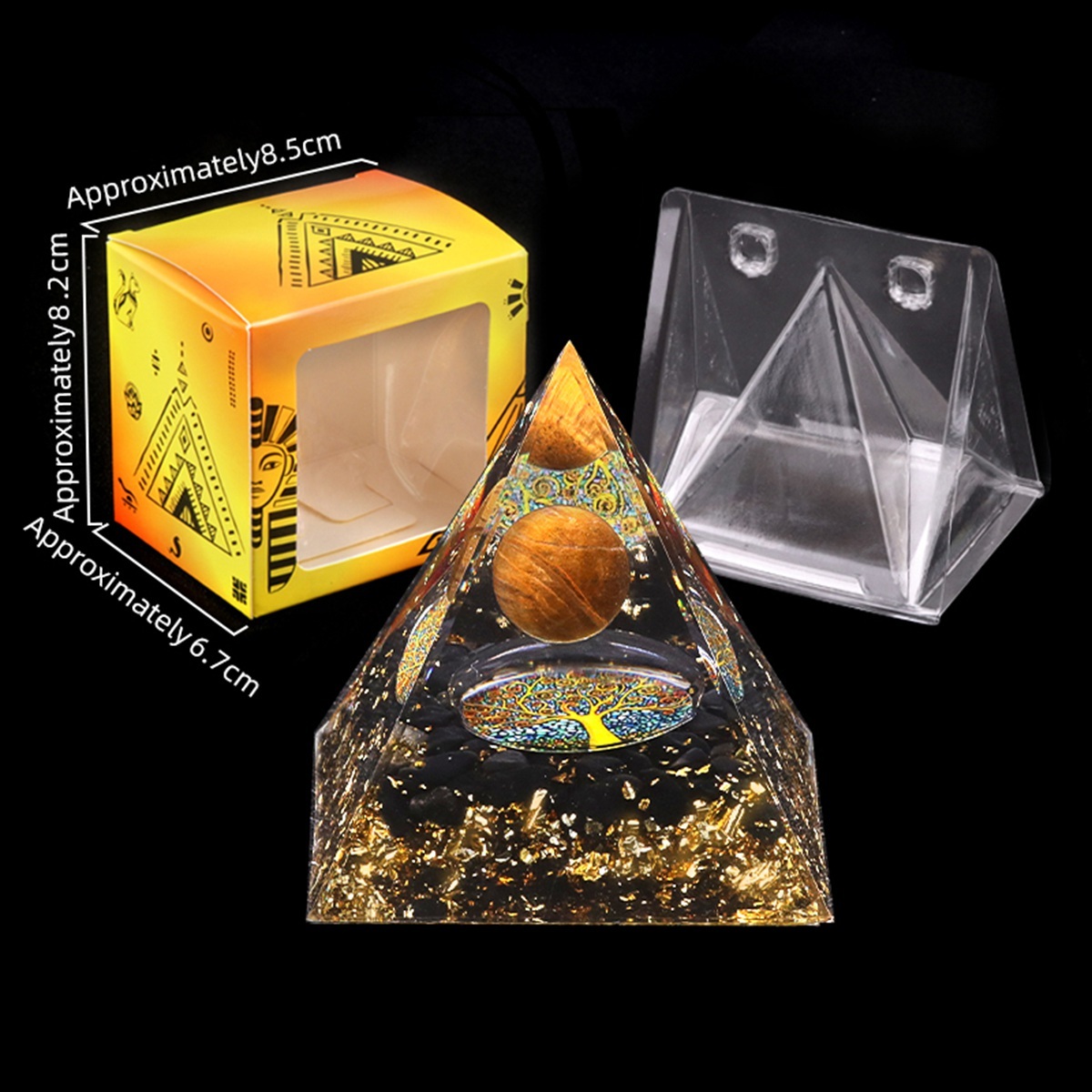 Sphere Raw Black Obsidian Base Gold 60MM Pyramid Ornament for Home Decor