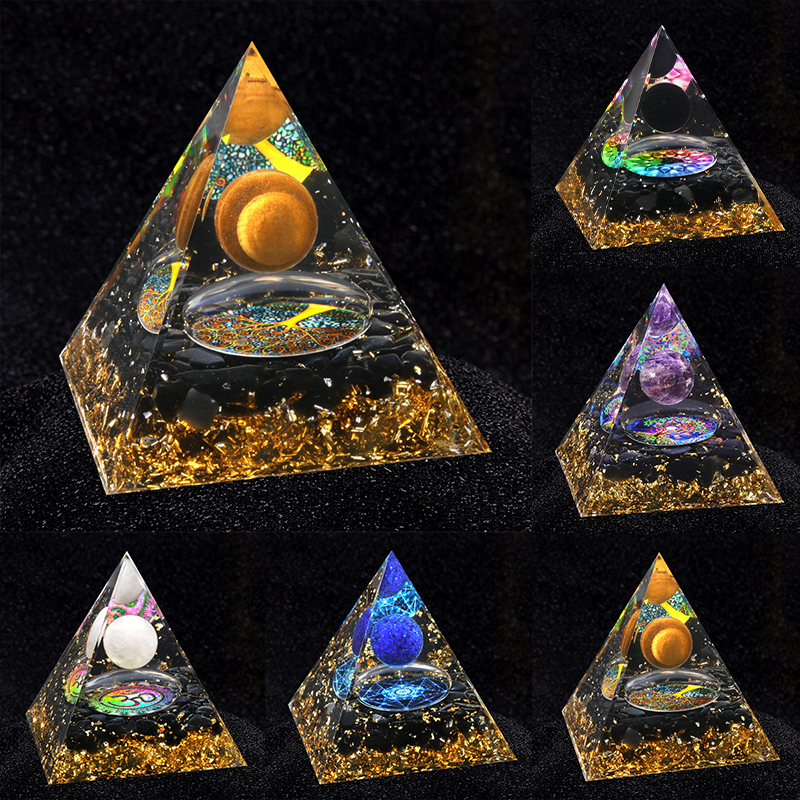 Amewthyst Sphere Raw Black Obsidian Base Gold 50MM & 60MM Pyramid Ornament for Home Decor