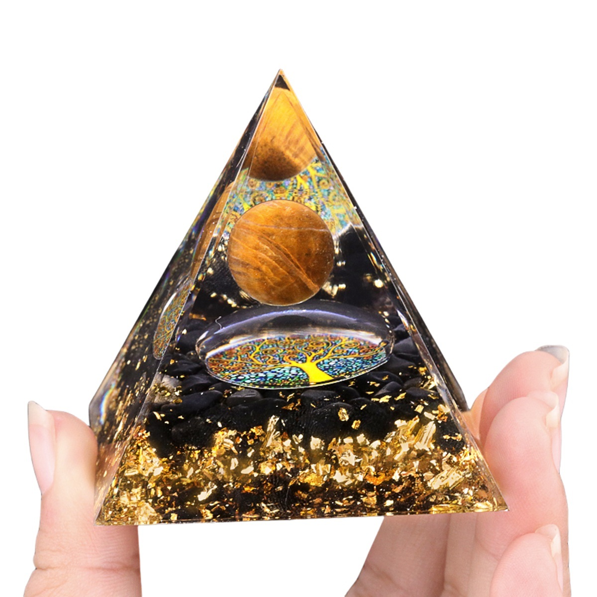 Sphere Raw Black Obsidian Base Gold 60MM Pyramid Ornament for Home Decor