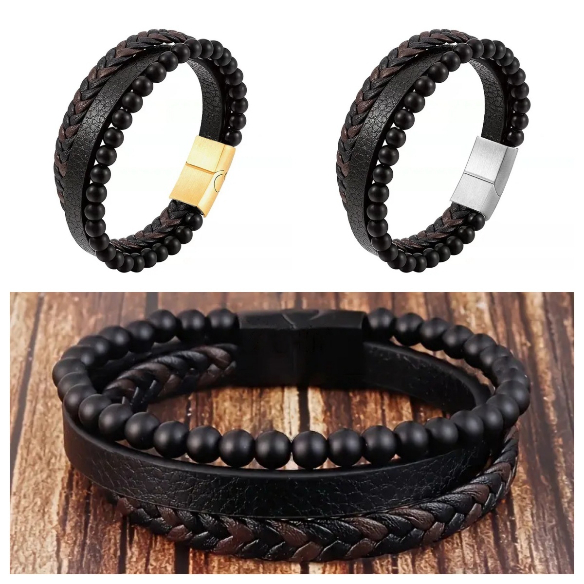 Men's Braided Leather Bracelet Wristband Cuff Bracelet for Men Gifts Stainless Steel Clasp
