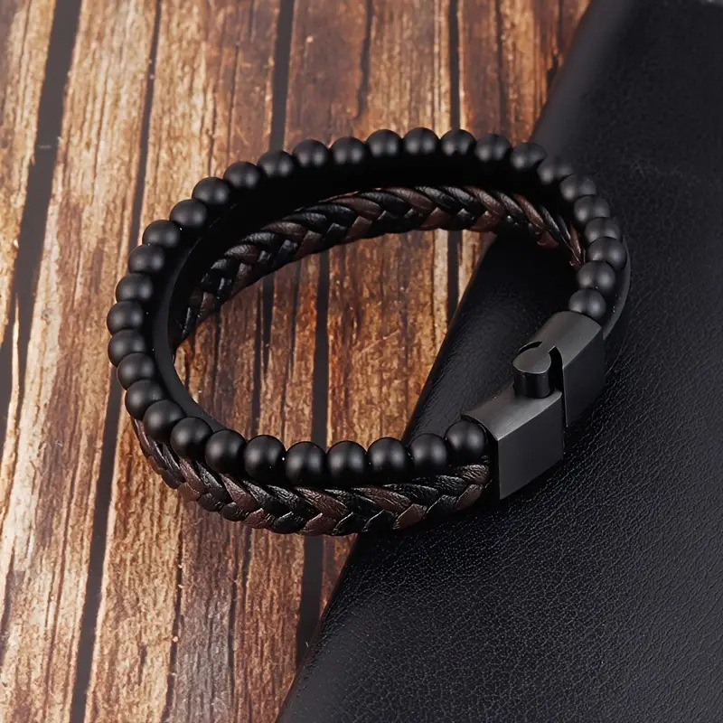 Men's Braided Leather Bracelet Wristband Cuff Bracelet for Men Gifts Stainless Steel Clasp