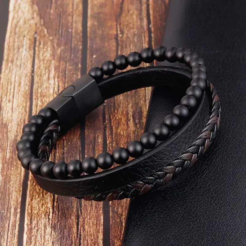 Men's Braided Leather Bracelet Wristband Cuff Bracelet for Men Gifts Stainless Steel Clasp