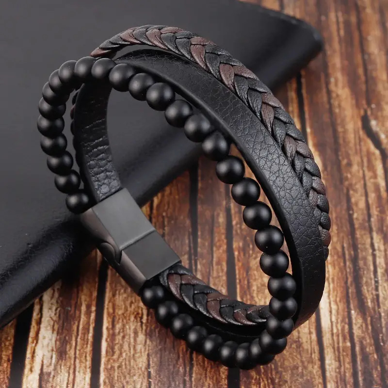 Men's Braided Leather Bracelet Wristband Cuff Bracelet for Men Gifts Stainless Steel Clasp