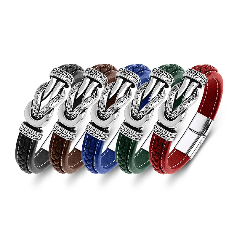 Men's Braided Leather Bracelet Wristband Cuff Bracelet for Men Gifts Stainless Steel Clasp