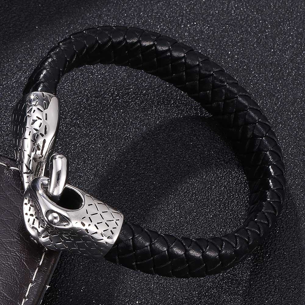 Snake Men's Braided Leather Bracelet Wristband Cuff Bracelet for Men Gifts Stainless Steel Clasp