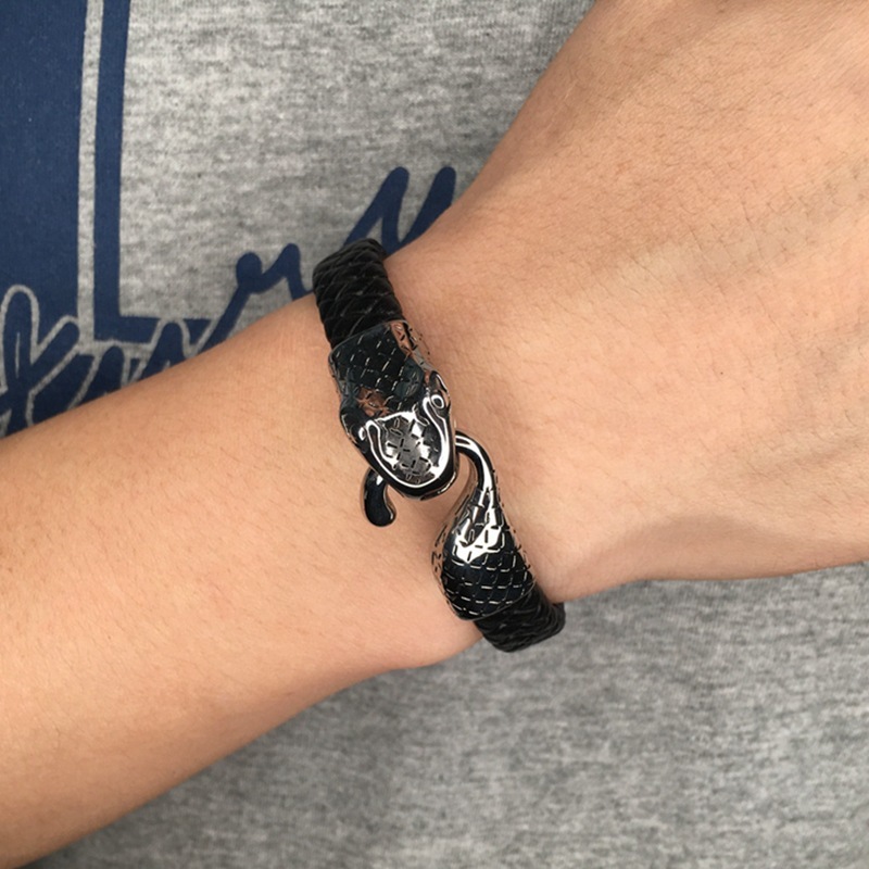 Snake Men's Braided Leather Bracelet Wristband Cuff Bracelet for Men Gifts Stainless Steel Clasp