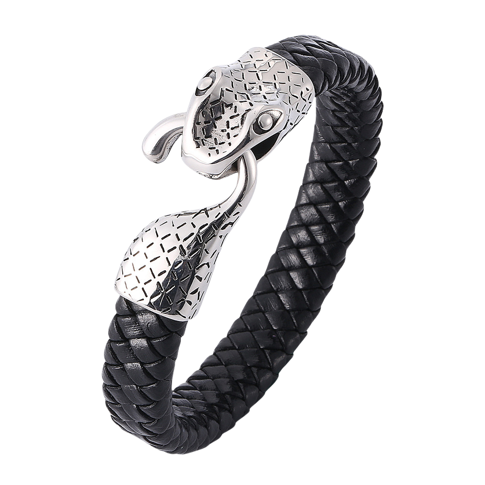 Snake Men's Braided Leather Bracelet Wristband Cuff Bracelet for Men Gifts Stainless Steel Clasp