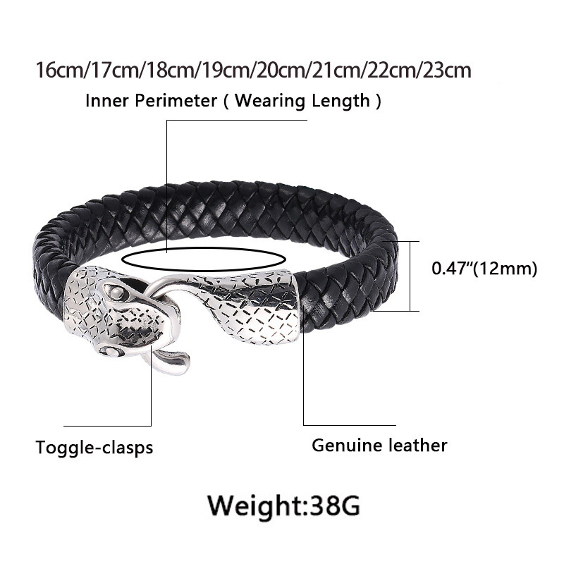 Snake Men's Braided Leather Bracelet Wristband Cuff Bracelet for Men Gifts Stainless Steel Clasp
