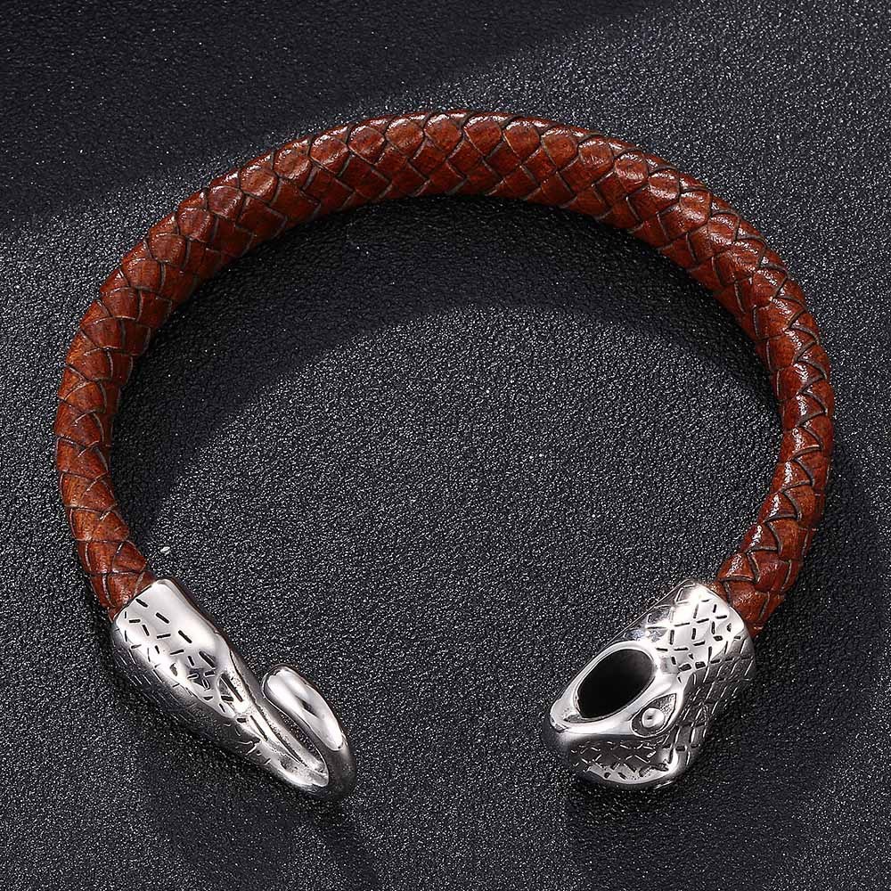 Snake Men's Braided Leather Bracelet Wristband Cuff Bracelet for Men Gifts Stainless Steel Clasp