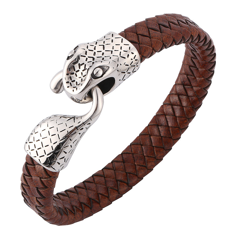 Snake Men's Braided Leather Bracelet Wristband Cuff Bracelet for Men Gifts Stainless Steel Clasp