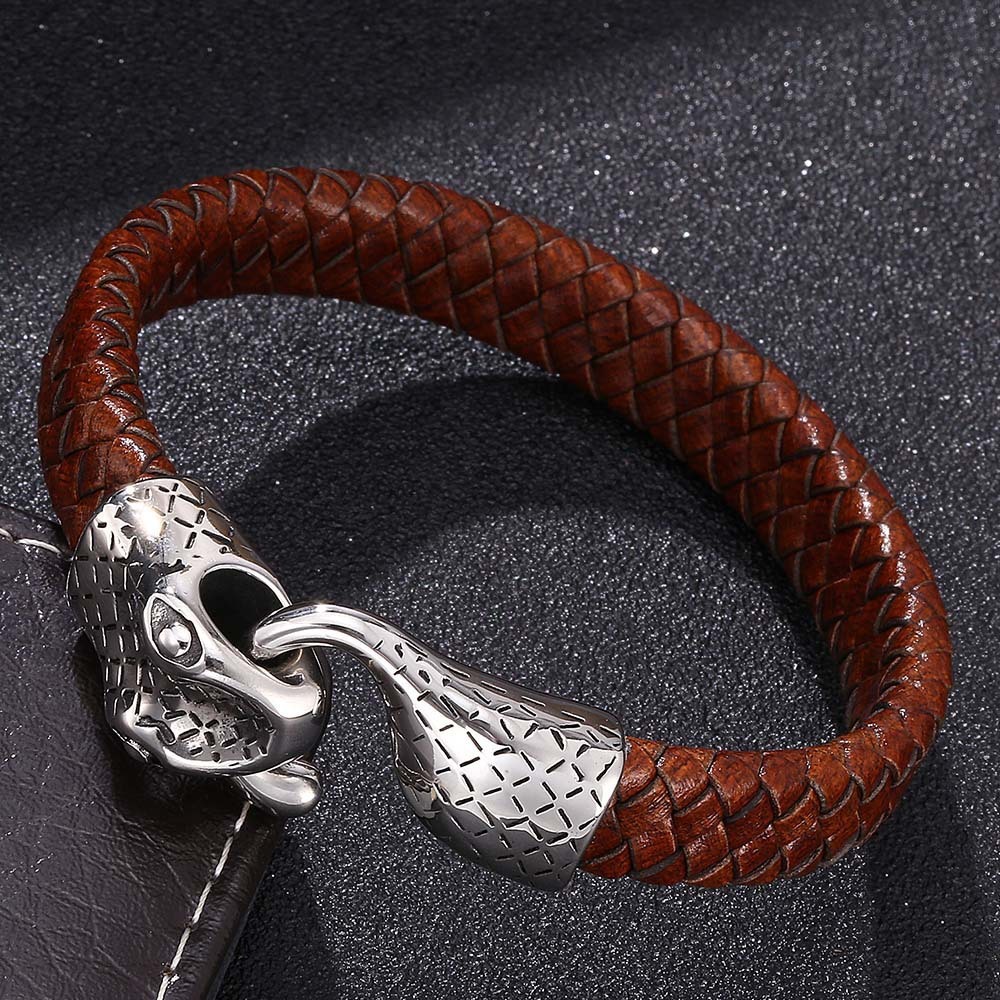 Snake Men's Braided Leather Bracelet Wristband Cuff Bracelet for Men Gifts Stainless Steel Clasp