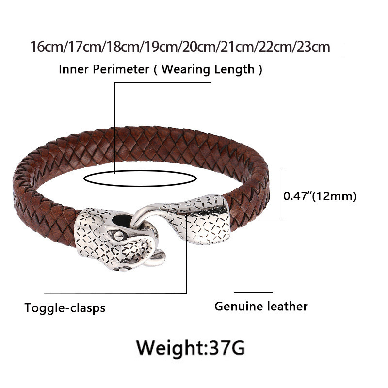 Snake Men's Braided Leather Bracelet Wristband Cuff Bracelet for Men Gifts Stainless Steel Clasp