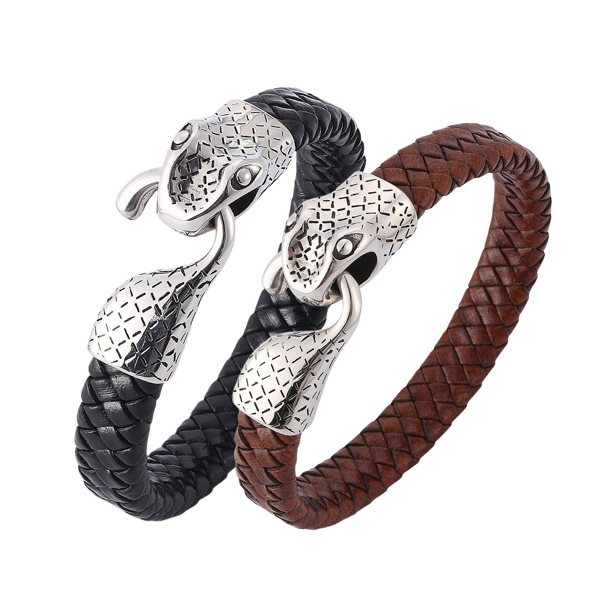 Snake Men's Braided Leather Bracelet Wristband Cuff Bracelet for Men Gifts Stainless Steel Clasp