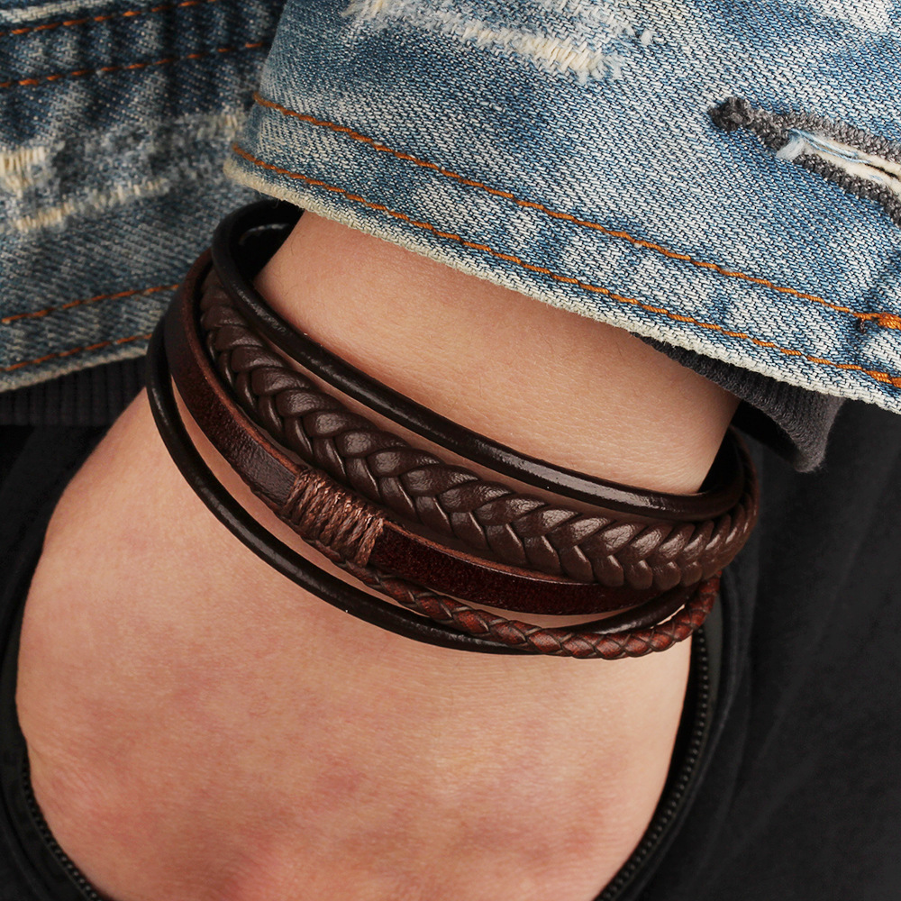 Men's Braided Leather Bracelet Wristband Cuff Bracelet for Men Gifts Stainless Steel Clasp