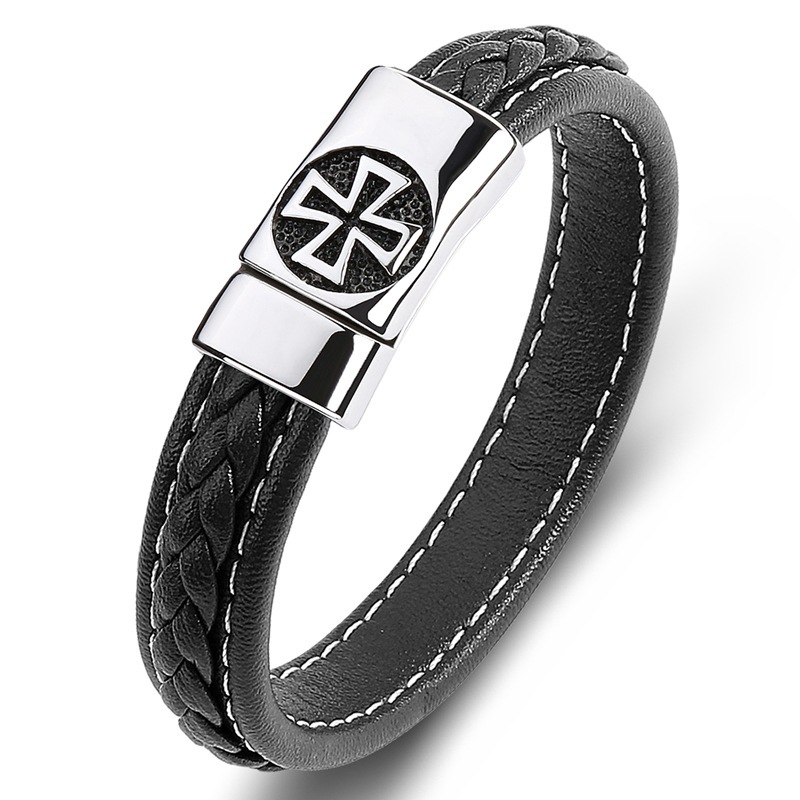 Cross Men's Braided Leather Bracelet Wristband Cuff Bracelet for Men Gifts Stainless Steel Clasp