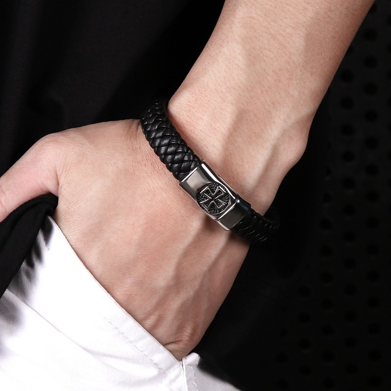 Cross Men's Braided Leather Bracelet Wristband Cuff Bracelet for Men Gifts Stainless Steel Clasp