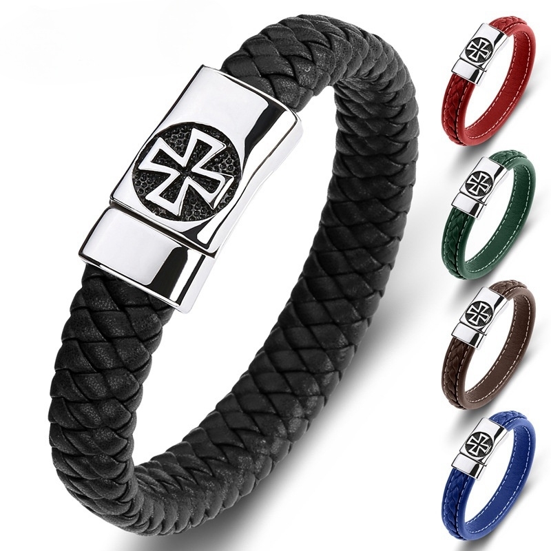 Cross Men's Braided Leather Bracelet Wristband Cuff Bracelet for Men Gifts Stainless Steel Clasp