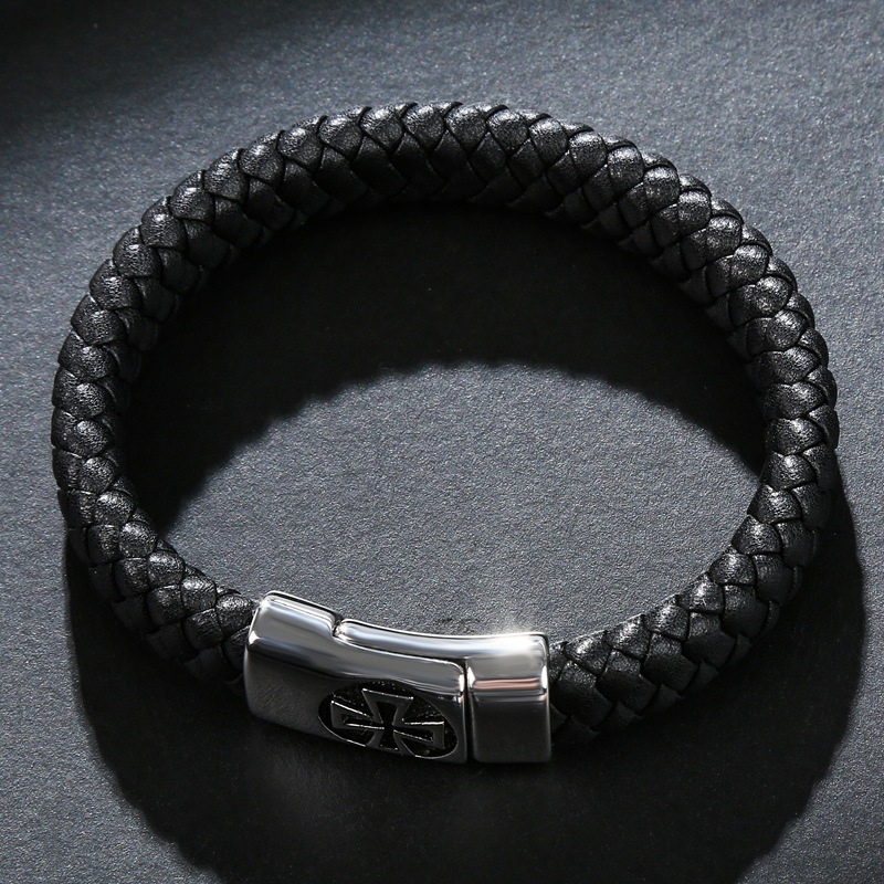 Cross Men's Braided Leather Bracelet Wristband Cuff Bracelet for Men Gifts Stainless Steel Clasp
