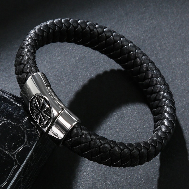 Cross Men's Braided Leather Bracelet Wristband Cuff Bracelet for Men Gifts Stainless Steel Clasp