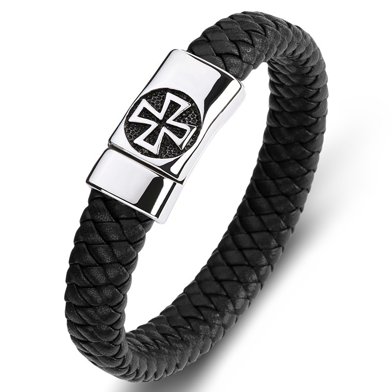 Cross Men's Braided Leather Bracelet Wristband Cuff Bracelet for Men Gifts Stainless Steel Clasp