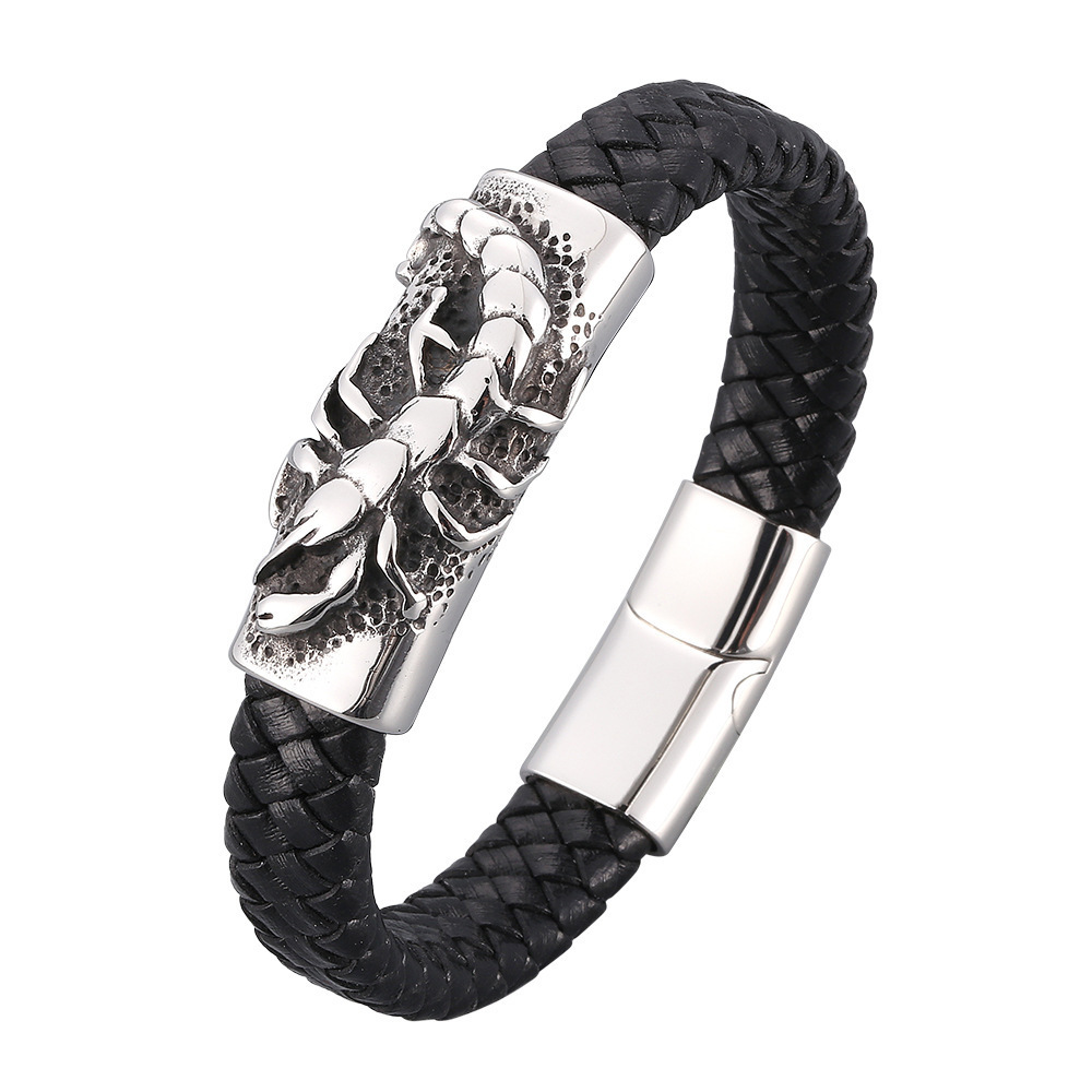 Men's Braided Leather Bracelet Wristband Cuff Bracelet for Men Gifts Stainless Steel Scorpion Clasp