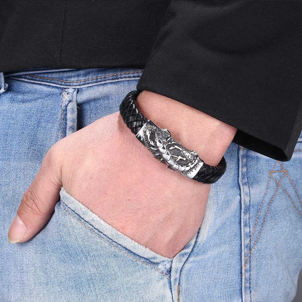 Men's Braided Leather Bracelet Wristband Cuff Bracelet for Men Gifts Stainless Steel Scorpion Clasp