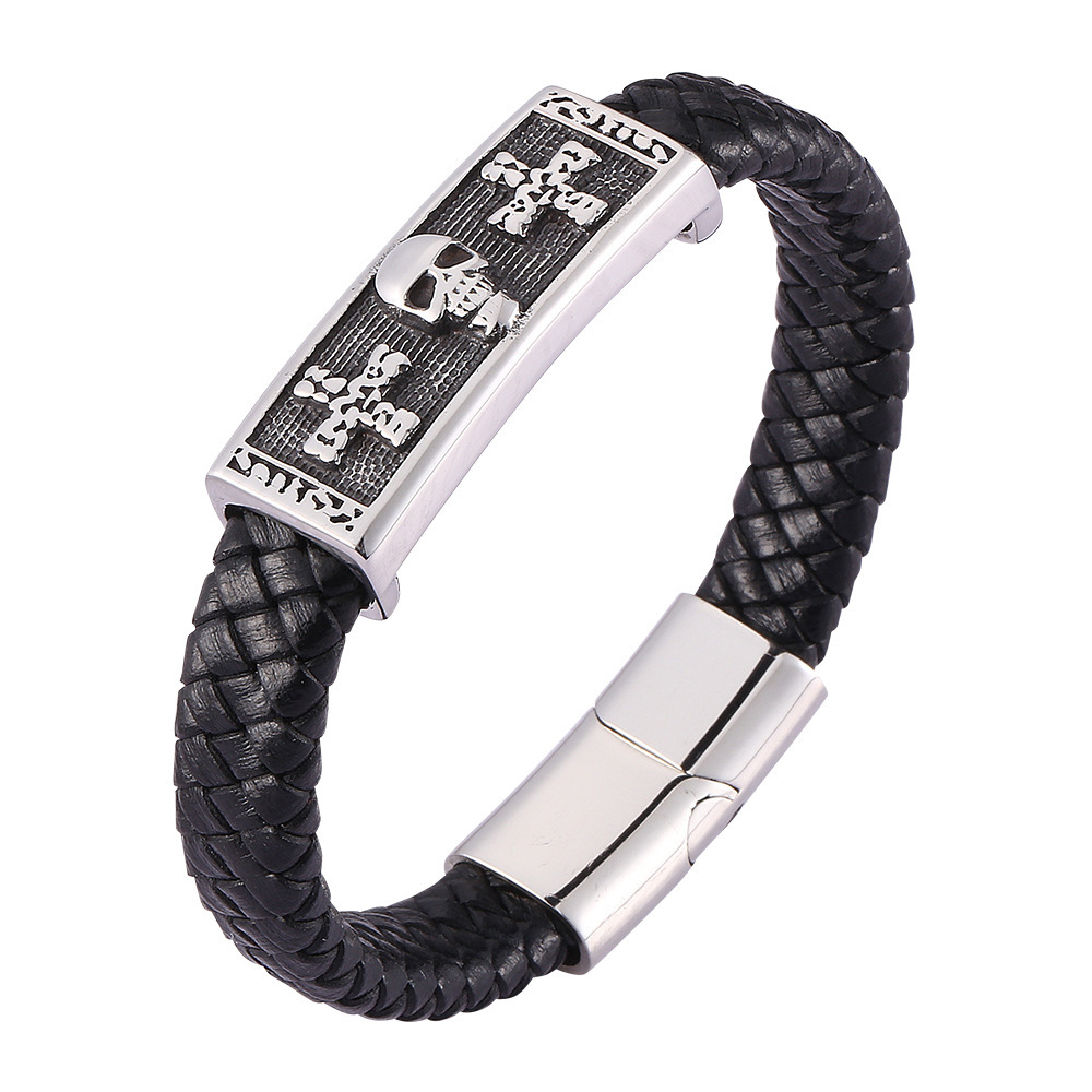 Men's Braided Leather Bracelet Wristband Cuff Bracelet for Men Gifts skull Cross Stainless Steel Clasp
