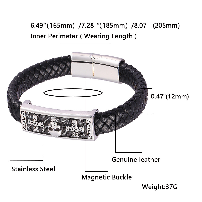 Men's Braided Leather Bracelet Wristband Cuff Bracelet for Men Gifts skull Cross Stainless Steel Clasp