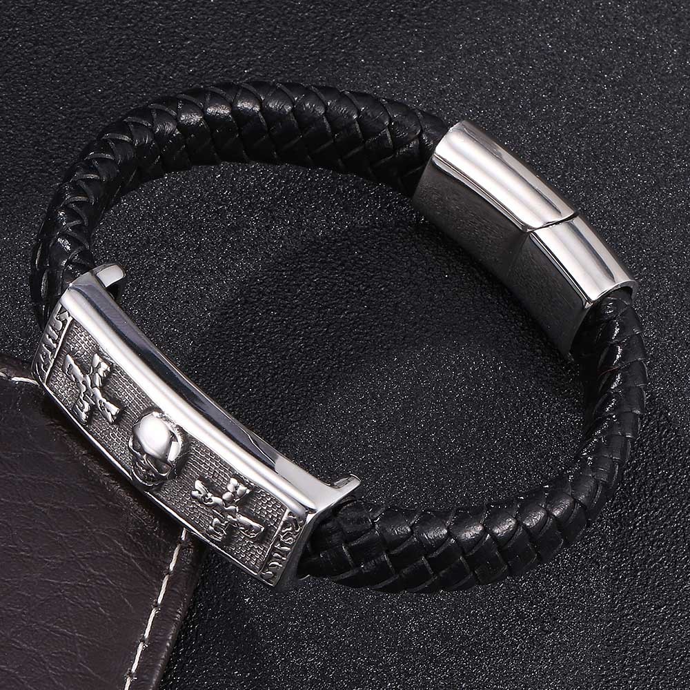 Men's Braided Leather Bracelet Wristband Cuff Bracelet for Men Gifts skull Cross Stainless Steel Clasp