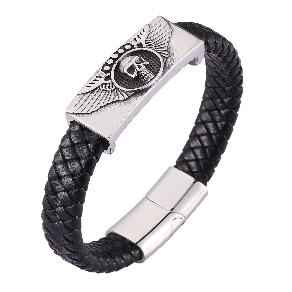 Men's Braided Leather Bracelet Wristband Cuff Bracelet for Men Gifts Skull Wing Stainless Steel Clasp