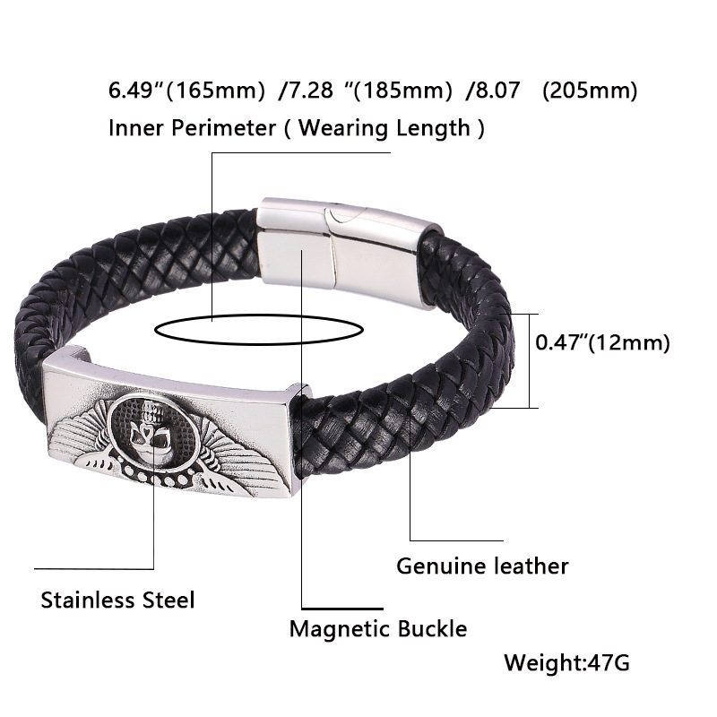 Men's Braided Leather Bracelet Wristband Cuff Bracelet for Men Gifts Skull Wing Stainless Steel Clasp
