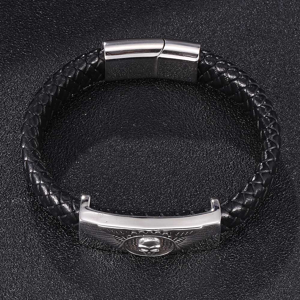 Men's Braided Leather Bracelet Wristband Cuff Bracelet for Men Gifts Skull Wing Stainless Steel Clasp