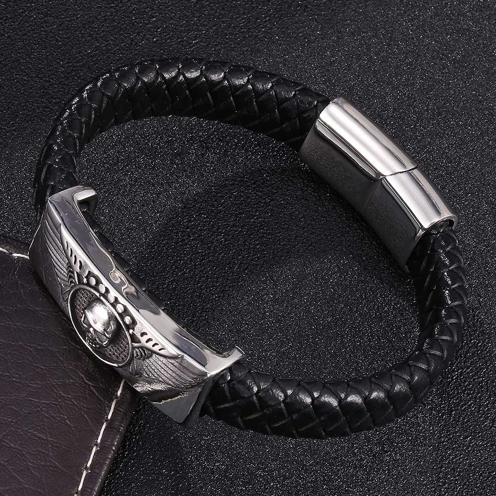 Men's Braided Leather Bracelet Wristband Cuff Bracelet for Men Gifts Skull Wing Stainless Steel Clasp