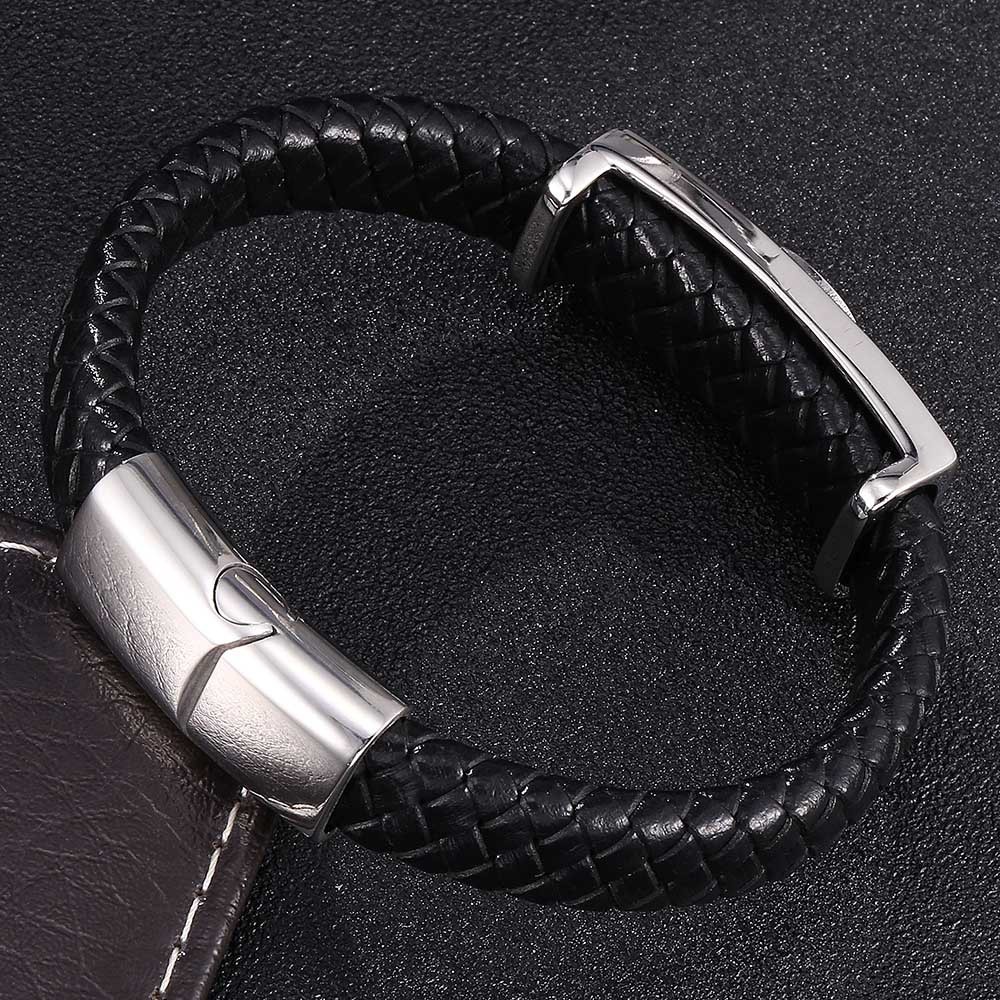 Men's Braided Leather Bracelet Wristband Cuff Bracelet for Men Gifts Skull Wing Stainless Steel Clasp