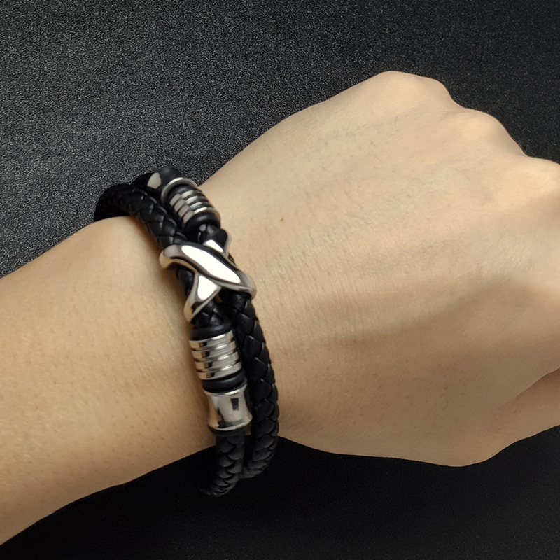 Men's Braided Leather Bracelet X-Beads Wristband Cuff Bracelet for Men Gifts Stainless Steel Clasp