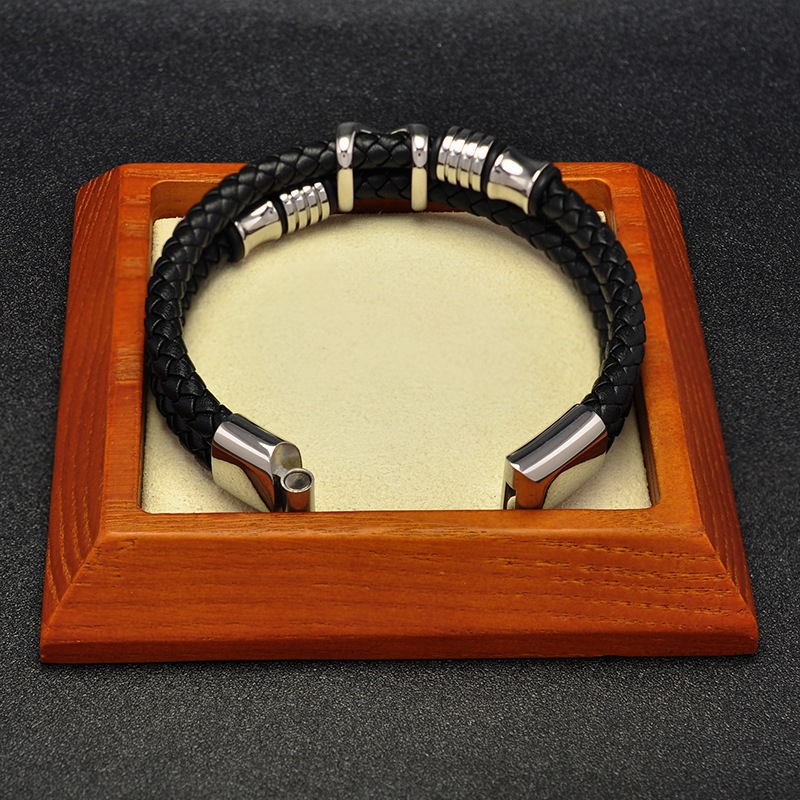 Men's Braided Leather Bracelet X-Beads Wristband Cuff Bracelet for Men Gifts Stainless Steel Clasp
