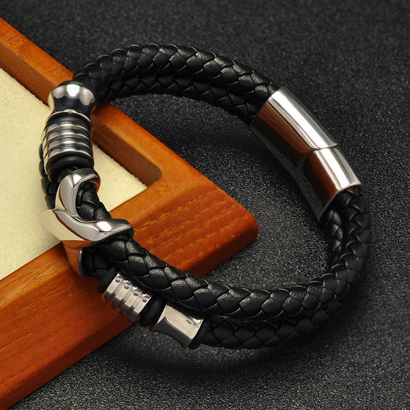 Men's Braided Leather Bracelet X-Beads Wristband Cuff Bracelet for Men Gifts Stainless Steel Clasp