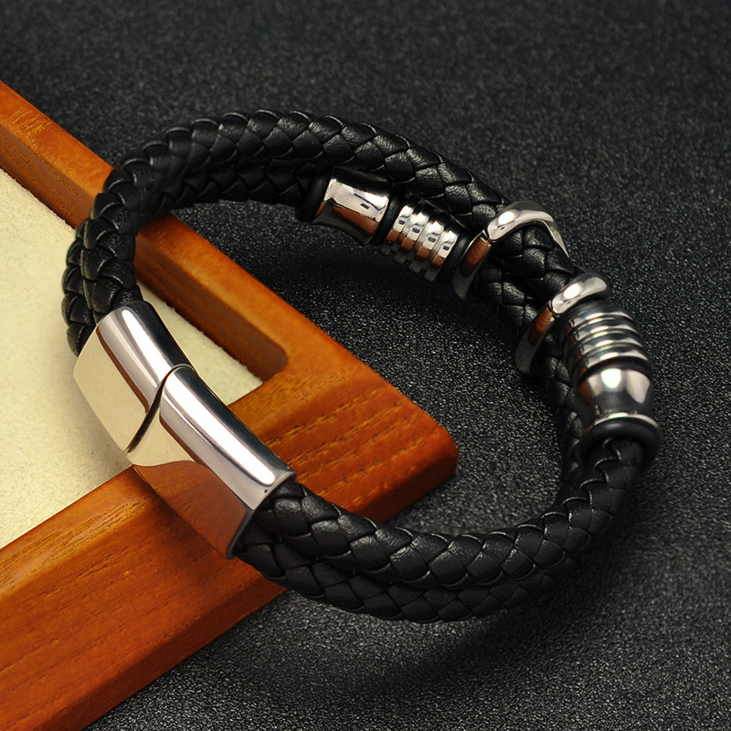 Men's Braided Leather Bracelet X-Beads Wristband Cuff Bracelet for Men Gifts Stainless Steel Clasp